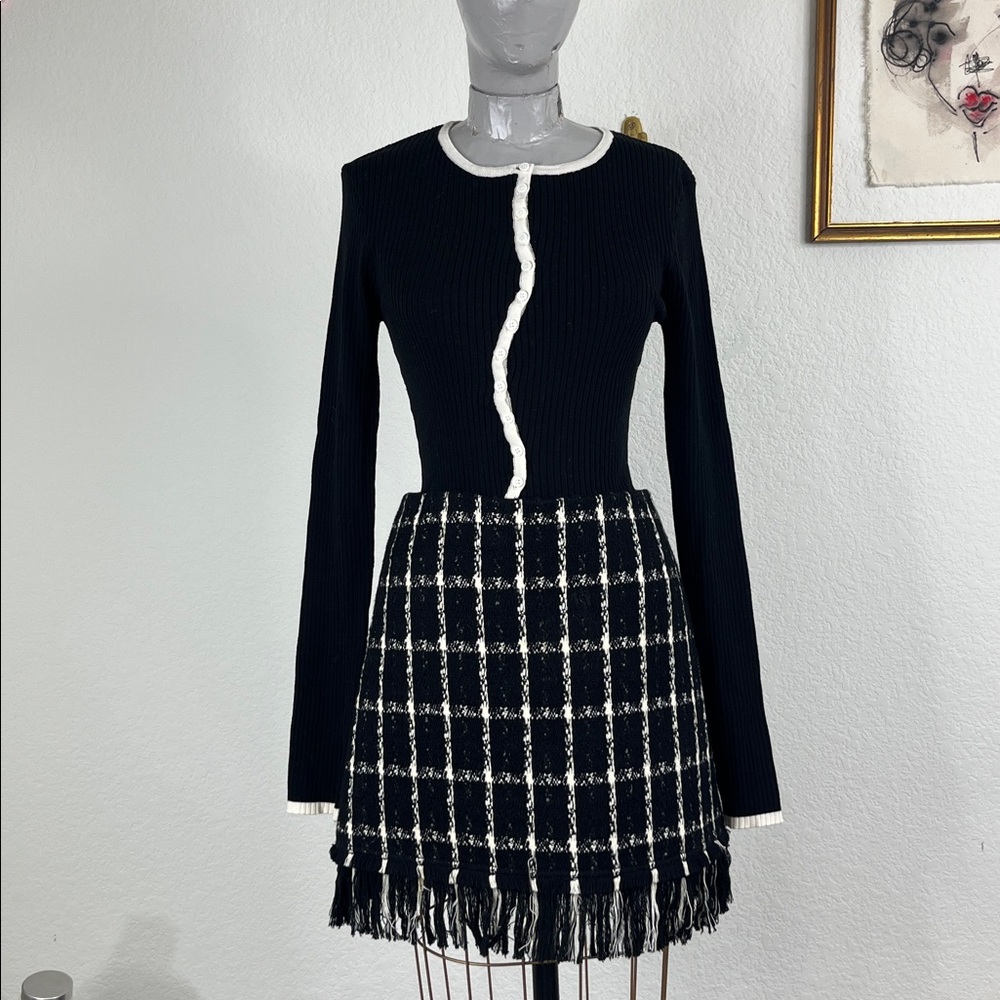 Tory Burch Marisol Fringe Hem Plaid Tweed Miniskirt